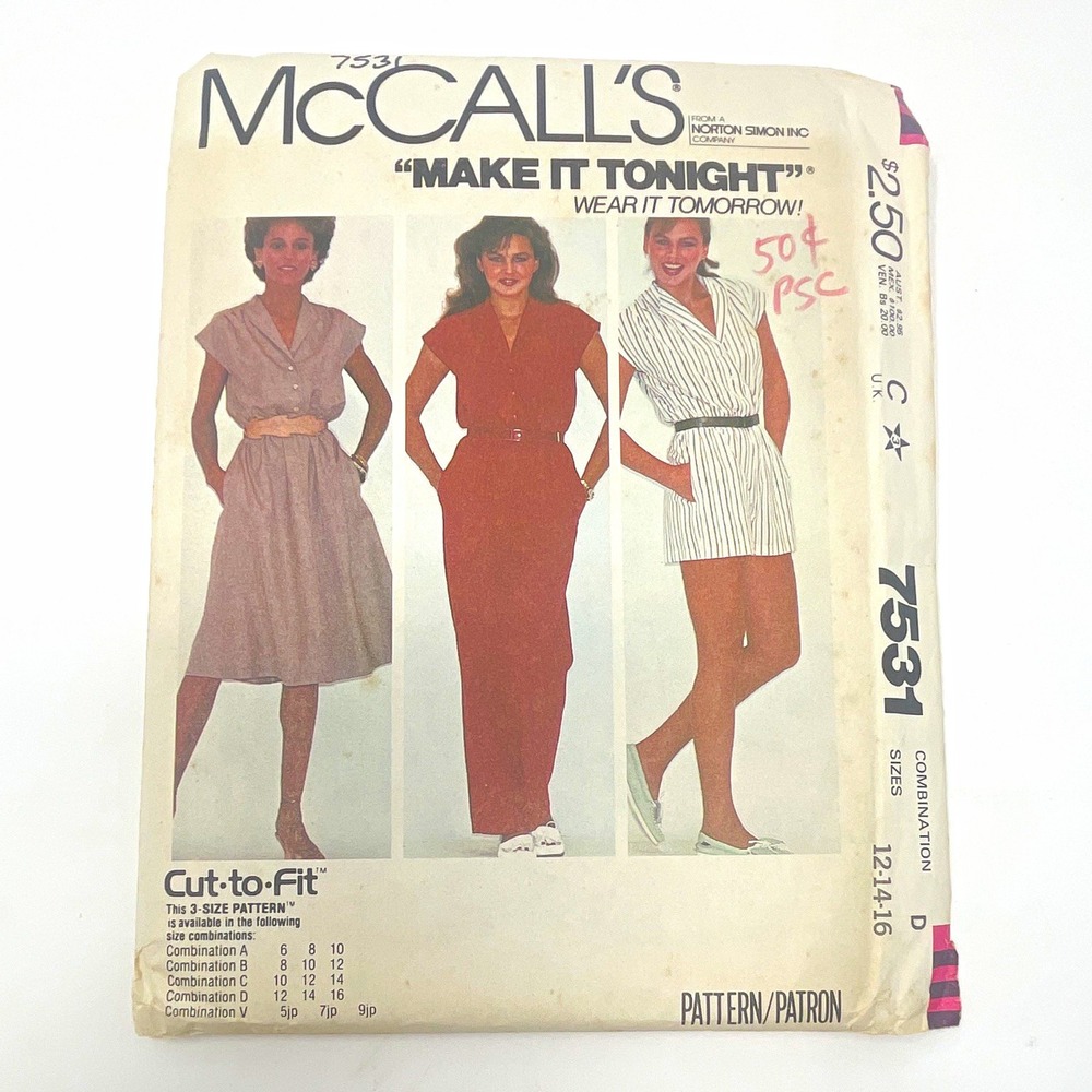 McCalls 7531 VTG 1980s Petite Dress Jumpsuit Sewing Pattern Size 12 14 16 Cut